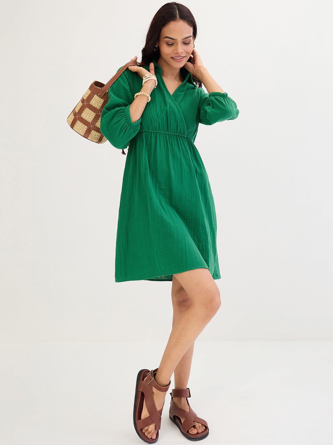 Cotton Gauze Bright Green Wrap Knee Length Dress