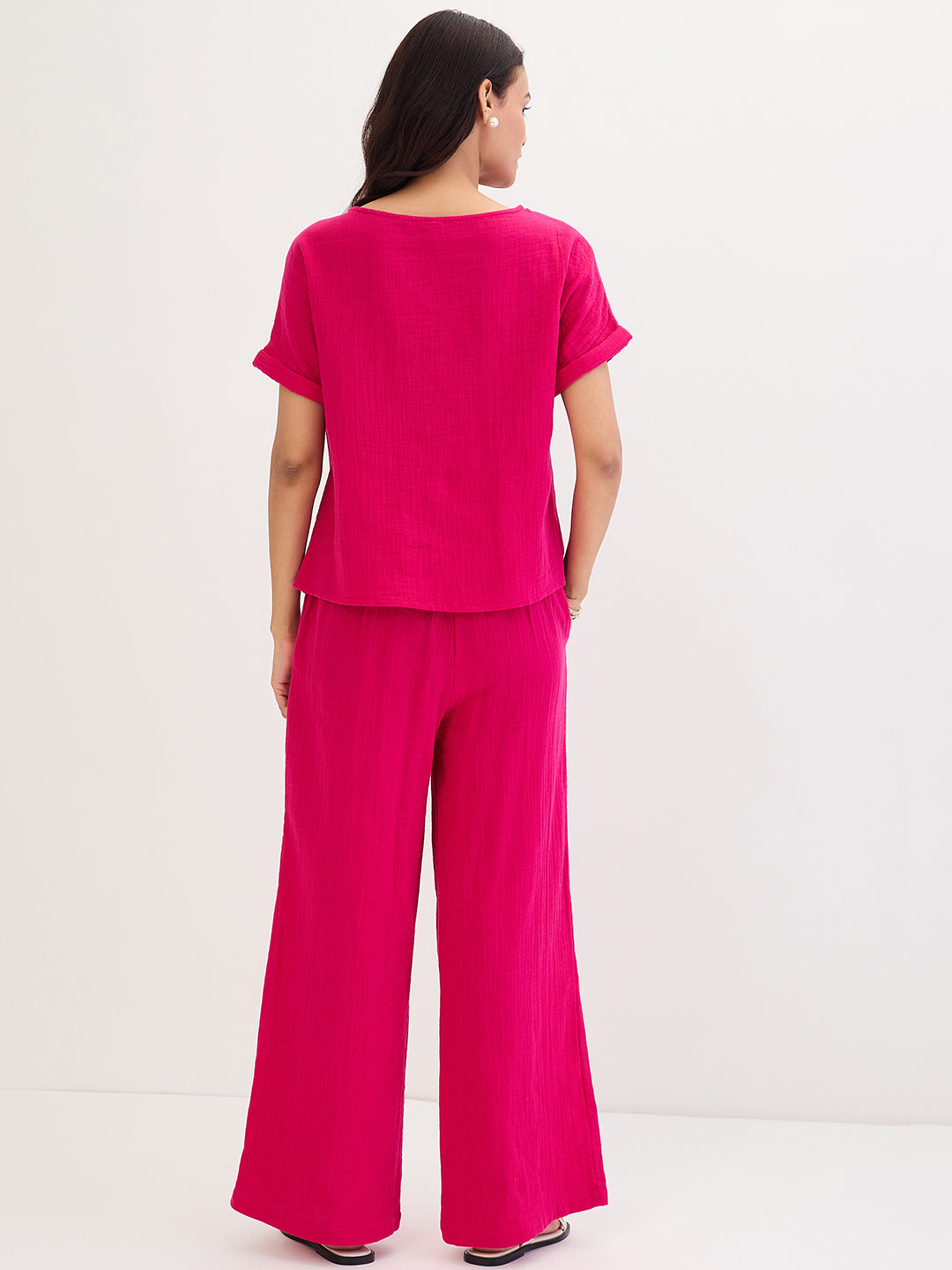 Cotton Gauze Hot Pink Round Neck Top With Straight Pant