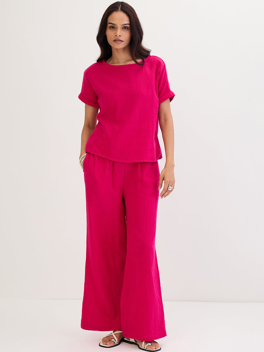 Cotton Gauze Hot Pink Round Neck Top With Straight Pant