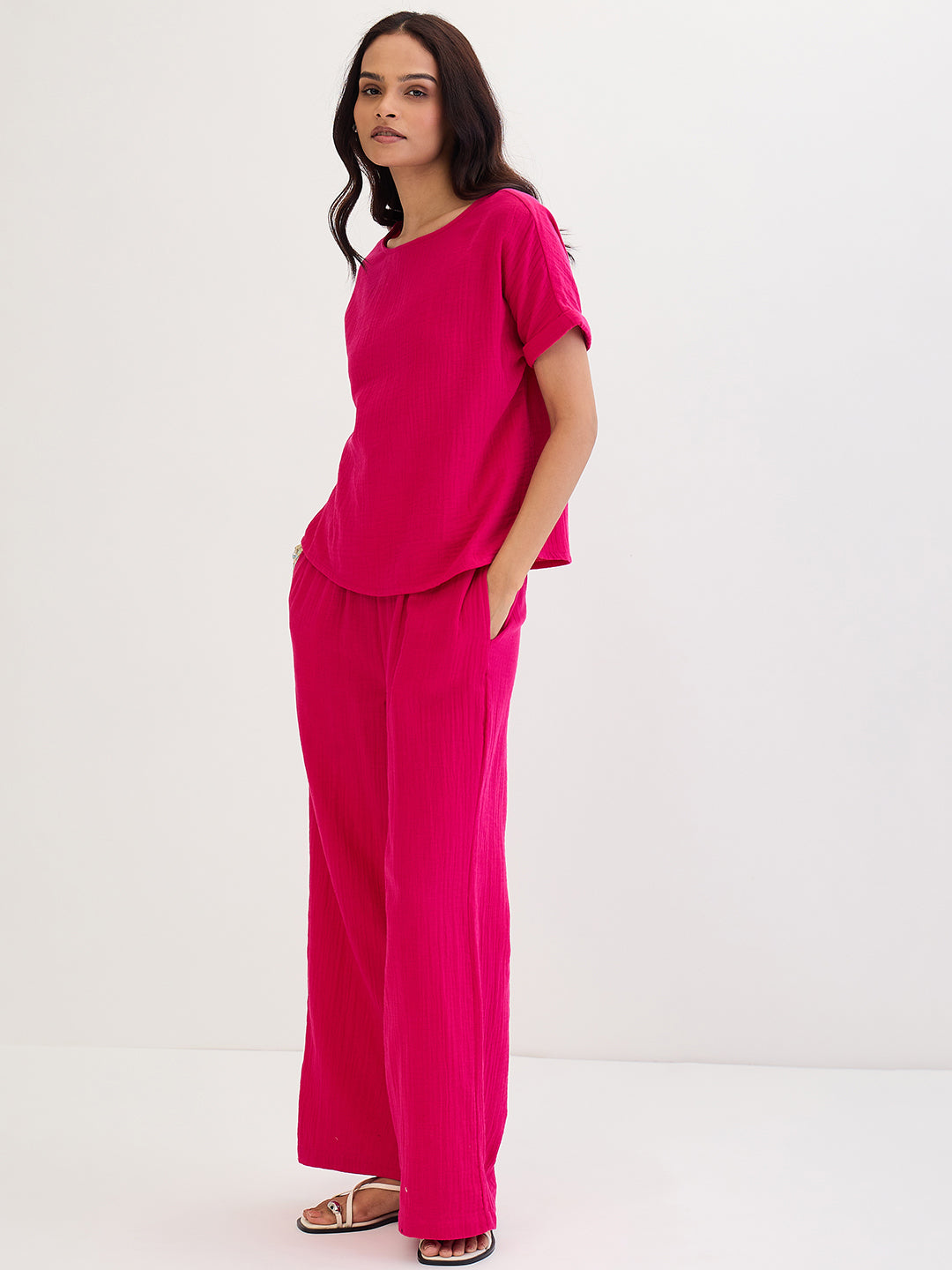 Cotton Gauze Hot Pink Round Neck Top With Straight Pant
