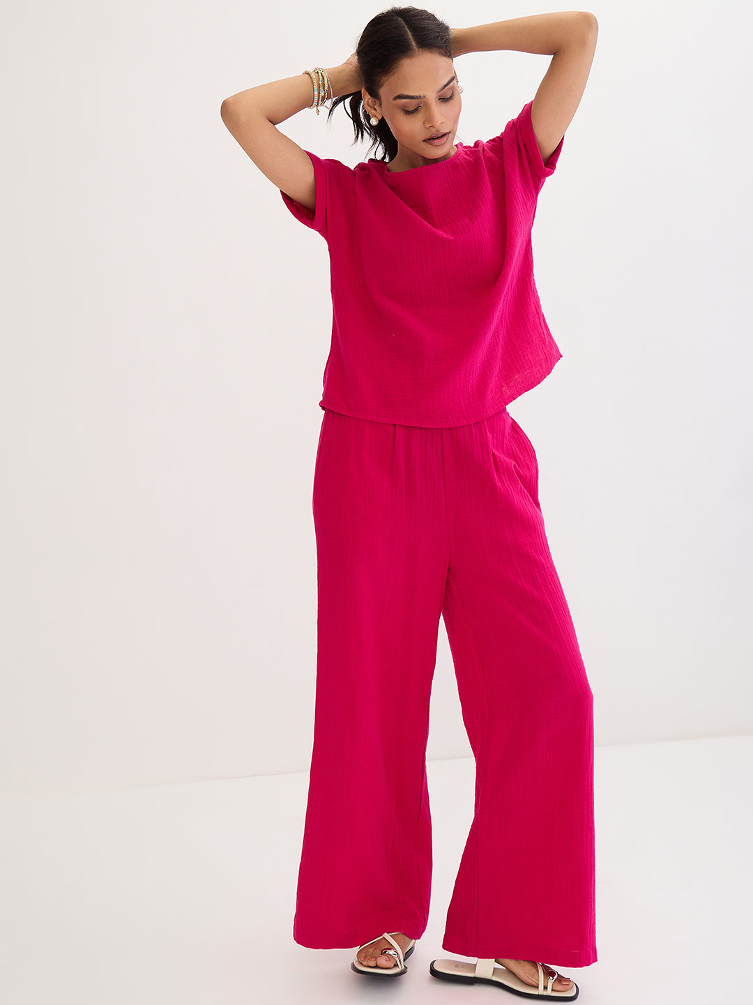 Cotton Gauze Hot Pink Round Neck Top With Straight Pant