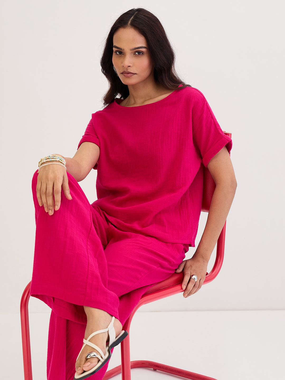 Cotton Gauze Hot Pink Round Neck Top With Straight Pant