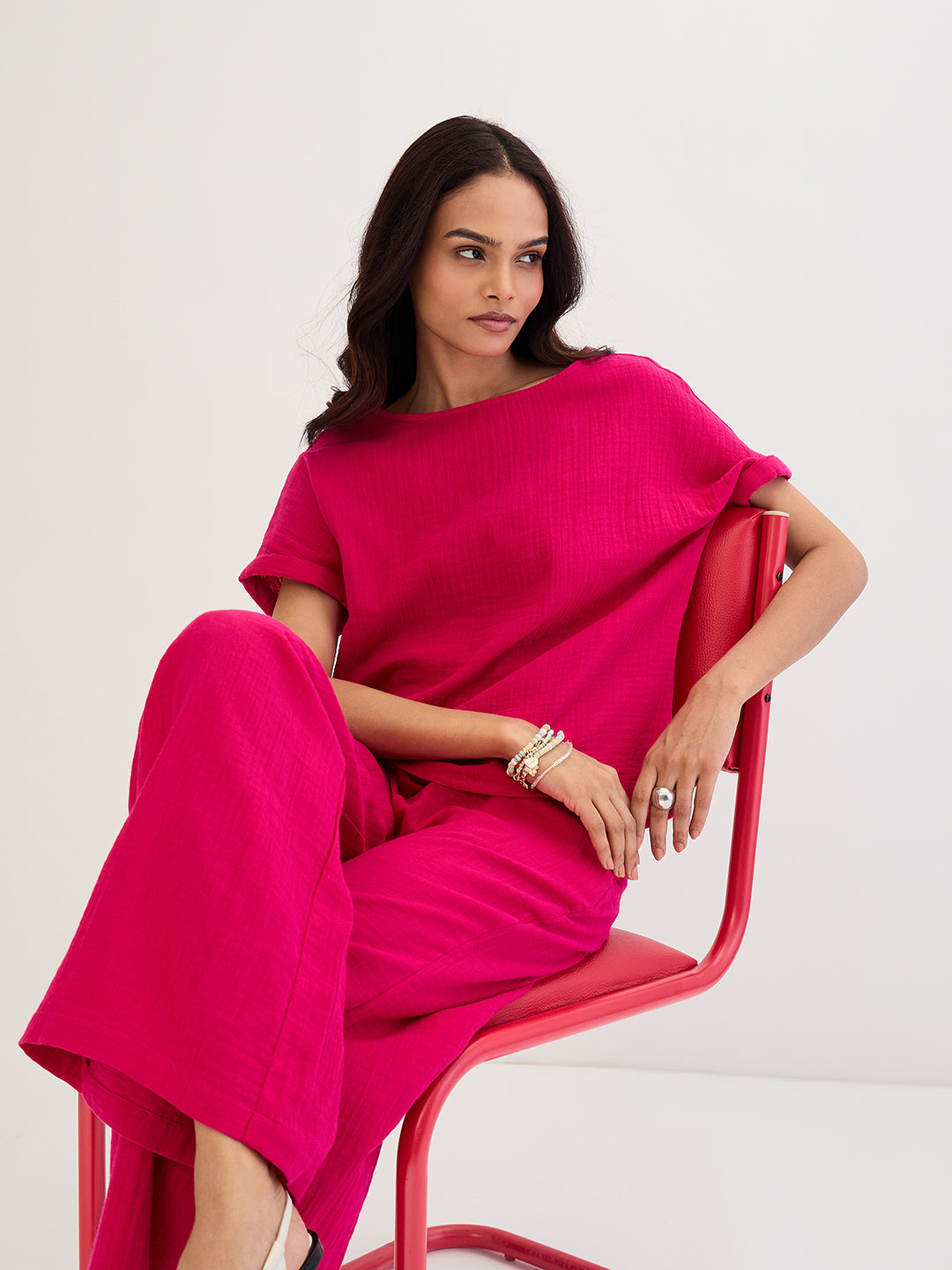 Cotton Gauze Hot Pink Round Neck Top With Straight Pant