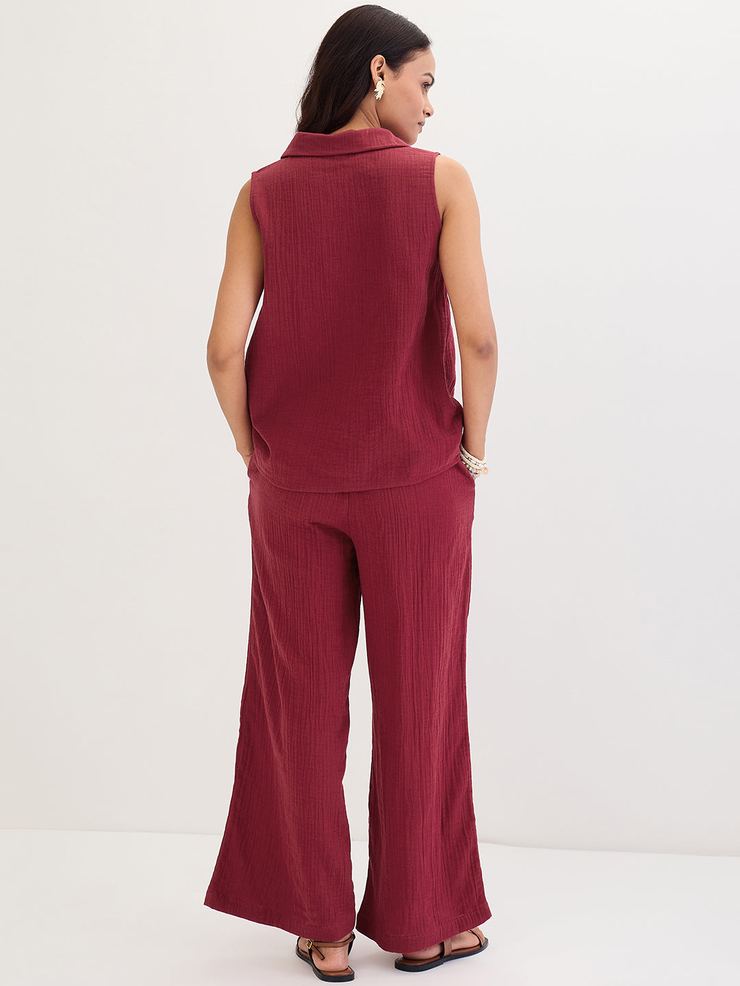 Cotton Gauze Cranberry Sleeveless Top With Straight Pant