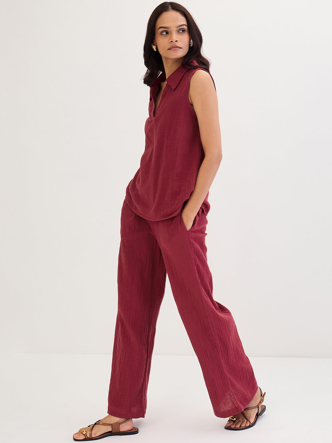 Cotton Gauze Cranberry Sleeveless Top With Straight Pant
