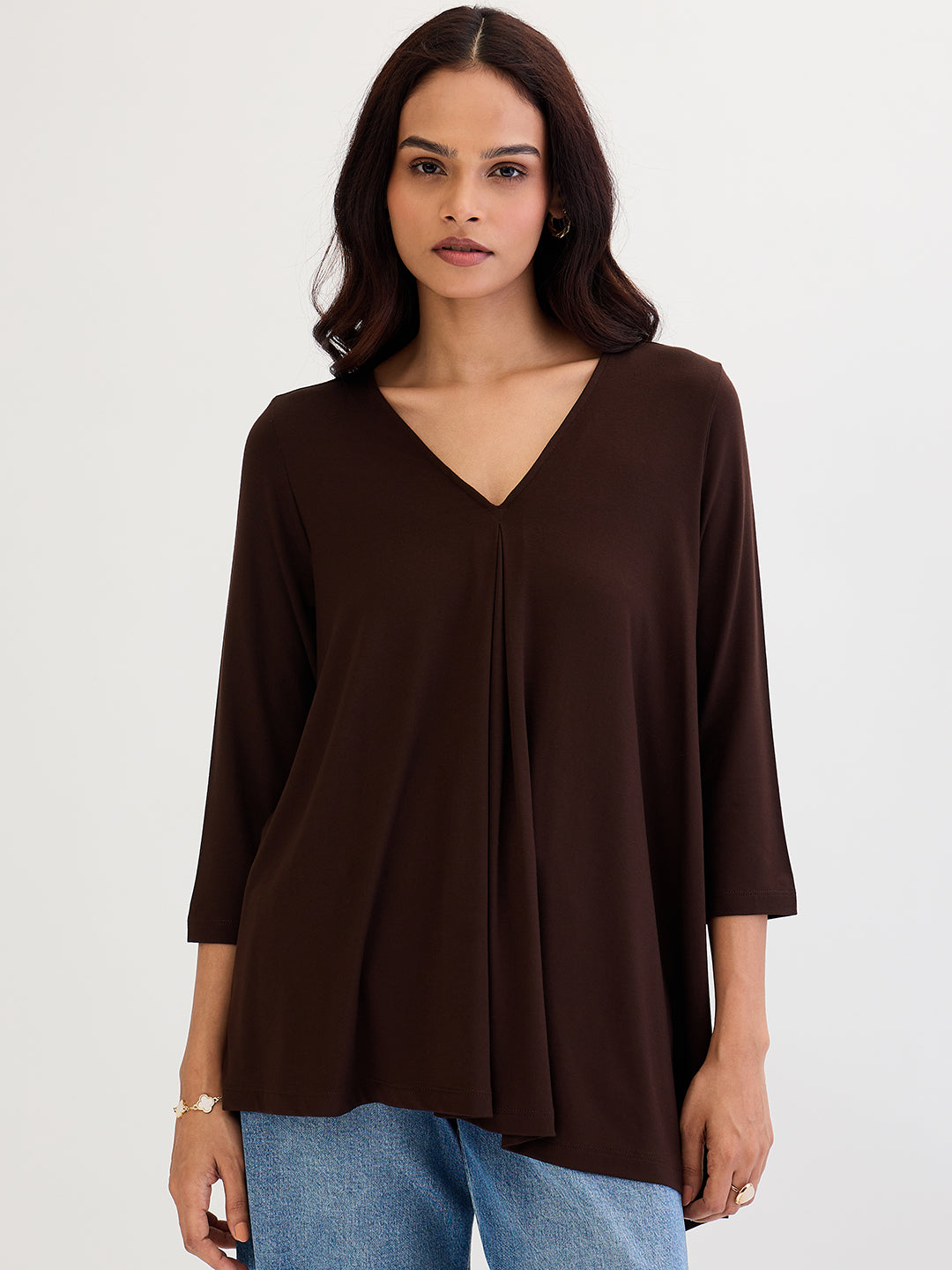 Coffee Brown Modal Knit Asymmetrical Hem Top