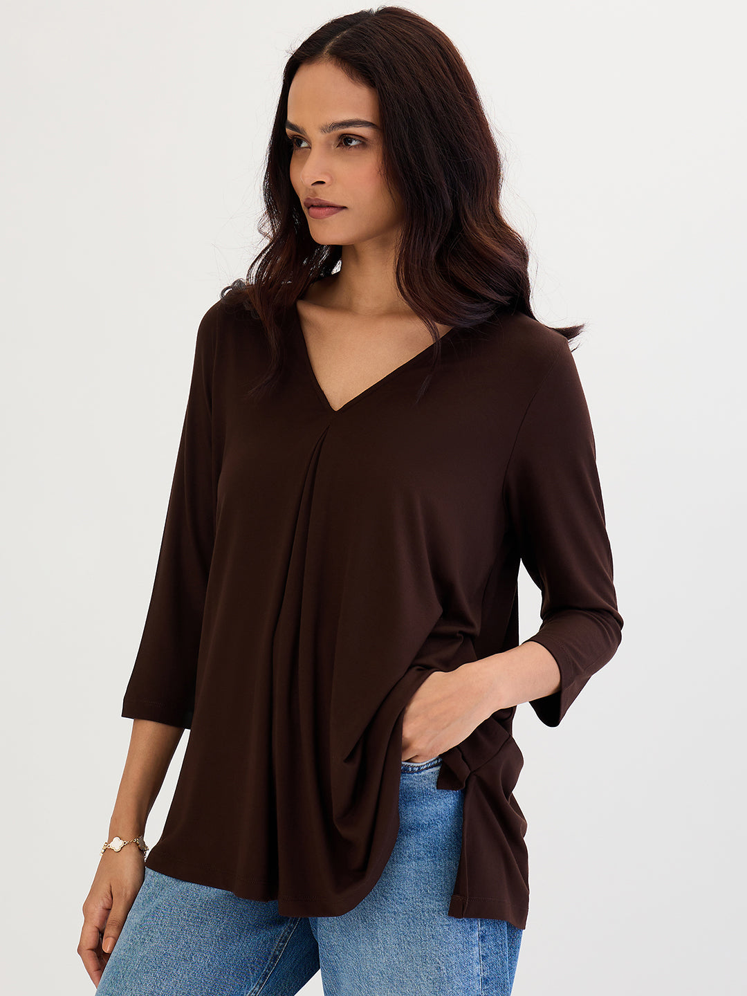 Coffee Brown Modal Knit Asymmetrical Hem Top