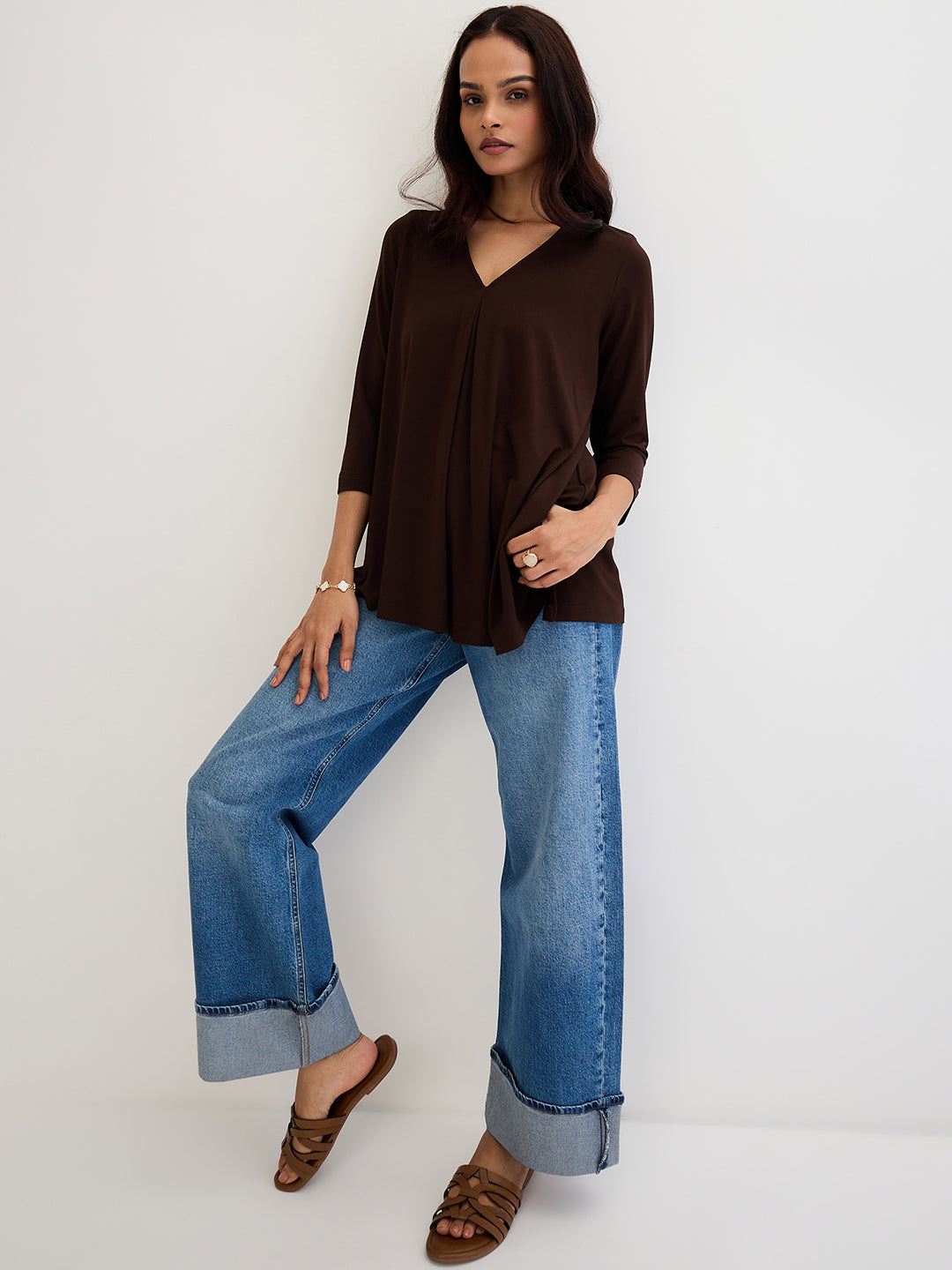Coffee Brown Modal Knit Asymmetrical Hem Top