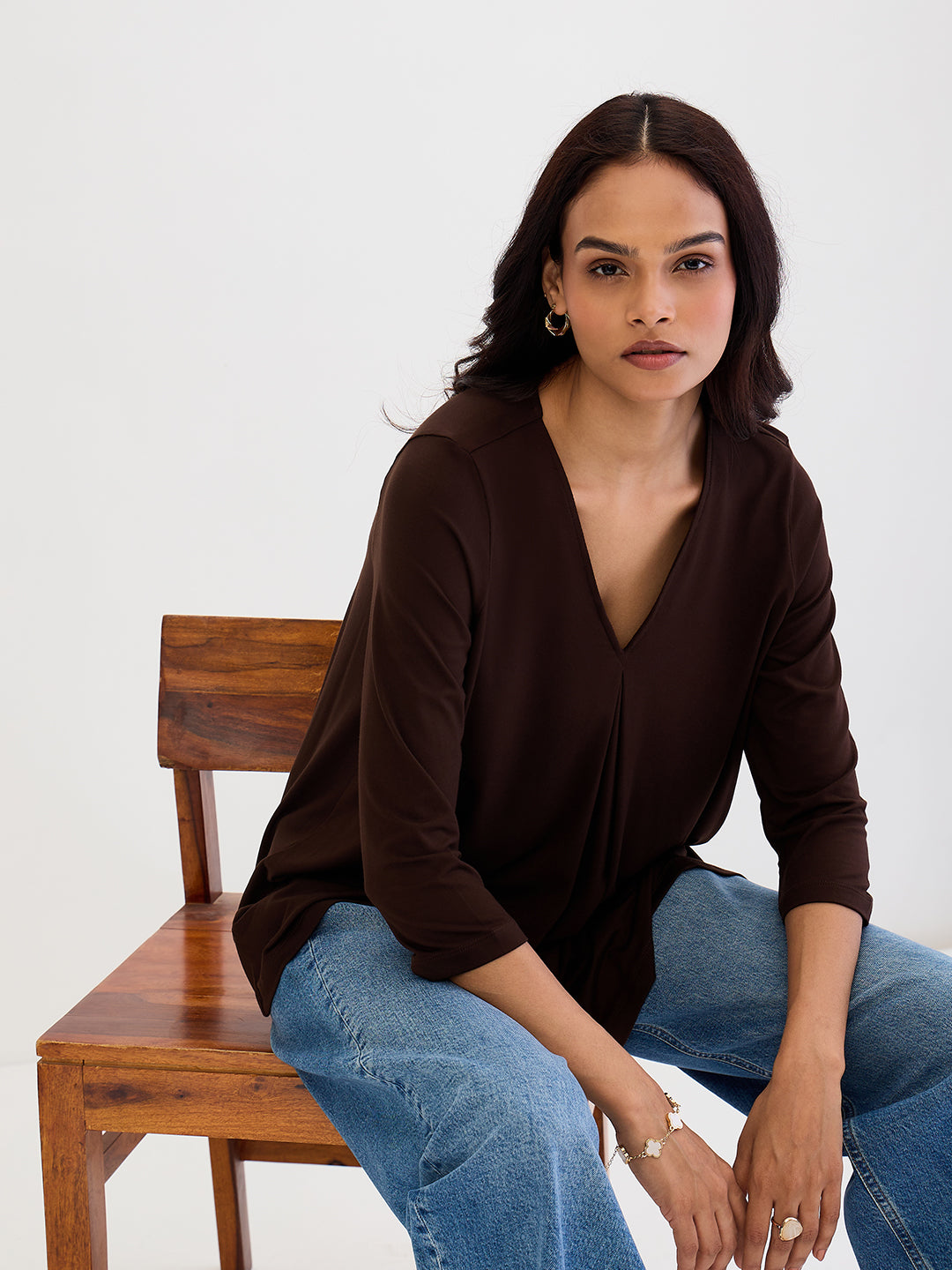 Coffee Brown Modal Knit Asymmetrical Hem Top