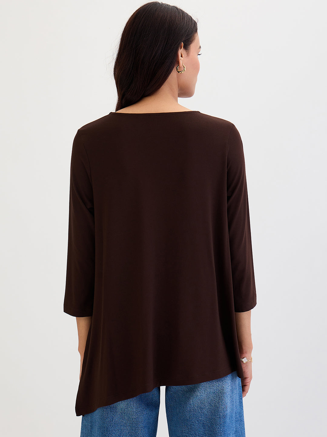 Coffee Brown Modal Knit Asymmetrical Hem Top