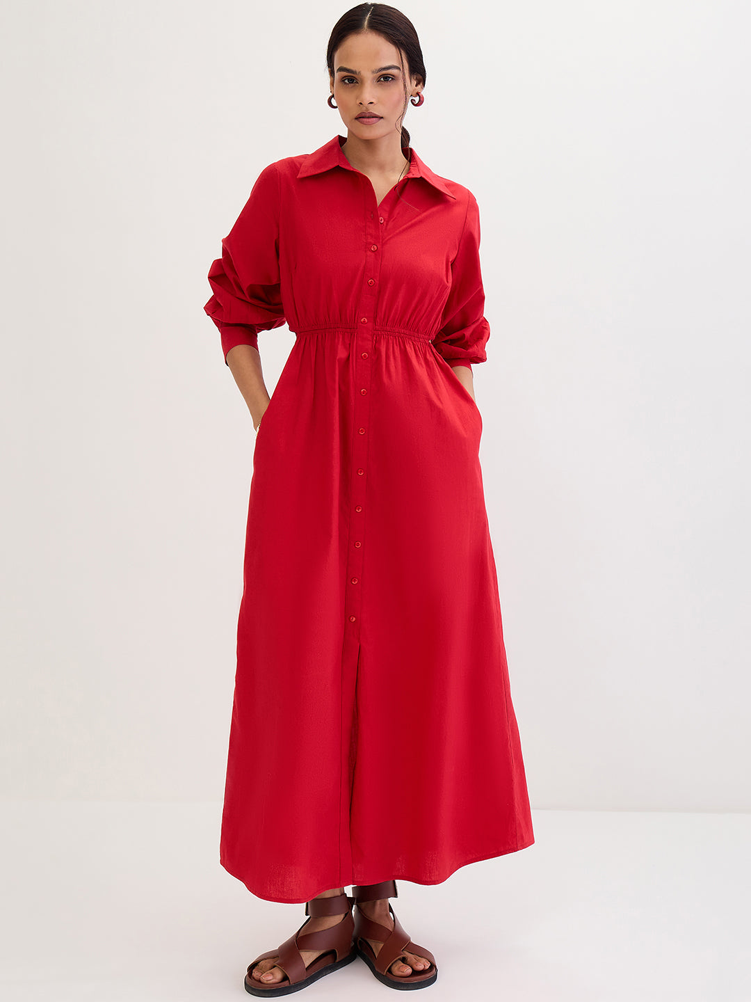 Red Poplin Cut Out Maxi Dress