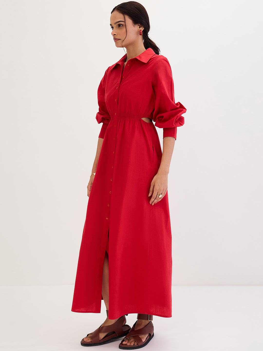 Red Poplin Cut Out Maxi Dress