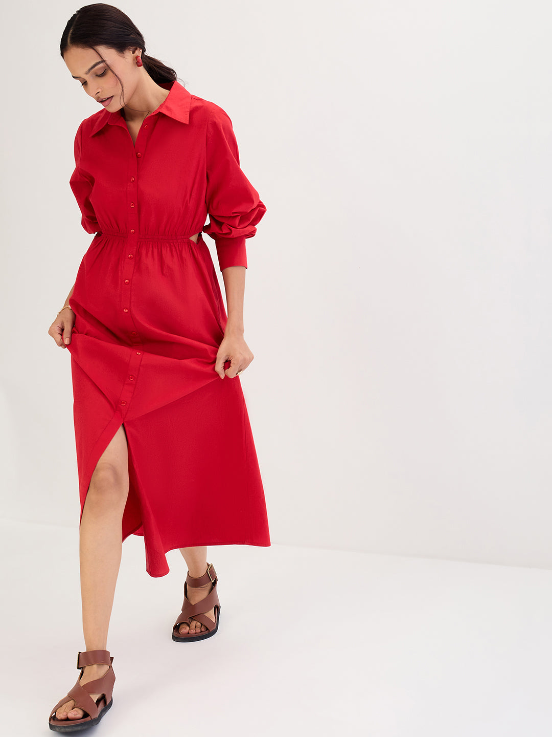 Red Poplin Cut Out Maxi Dress