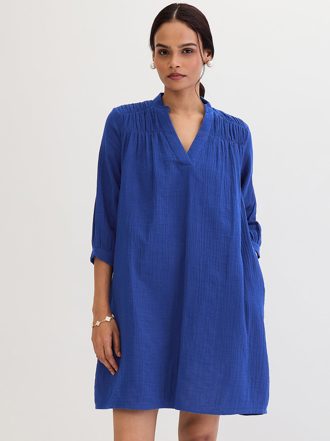 Cotton Gauze Royal Blue Sheath Knee Length Dress