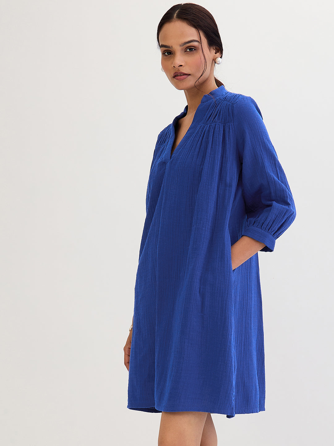 Cotton Gauze Royal Blue Sheath Knee Length Dress