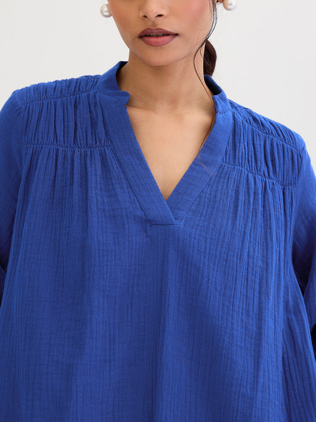 Cotton Gauze Royal Blue Sheath Knee Length Dress