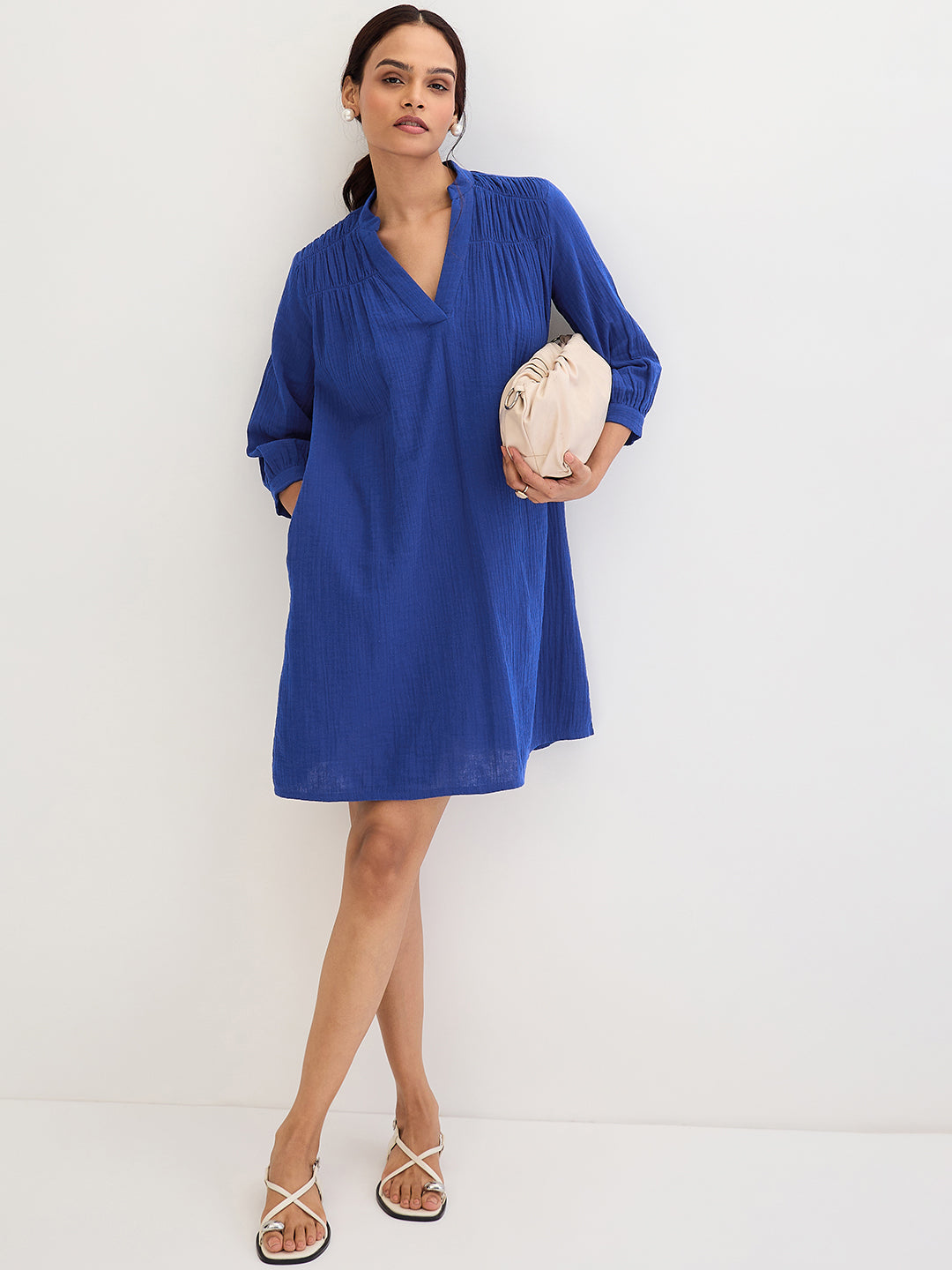 Cotton Gauze Royal Blue Sheath Knee Length Dress