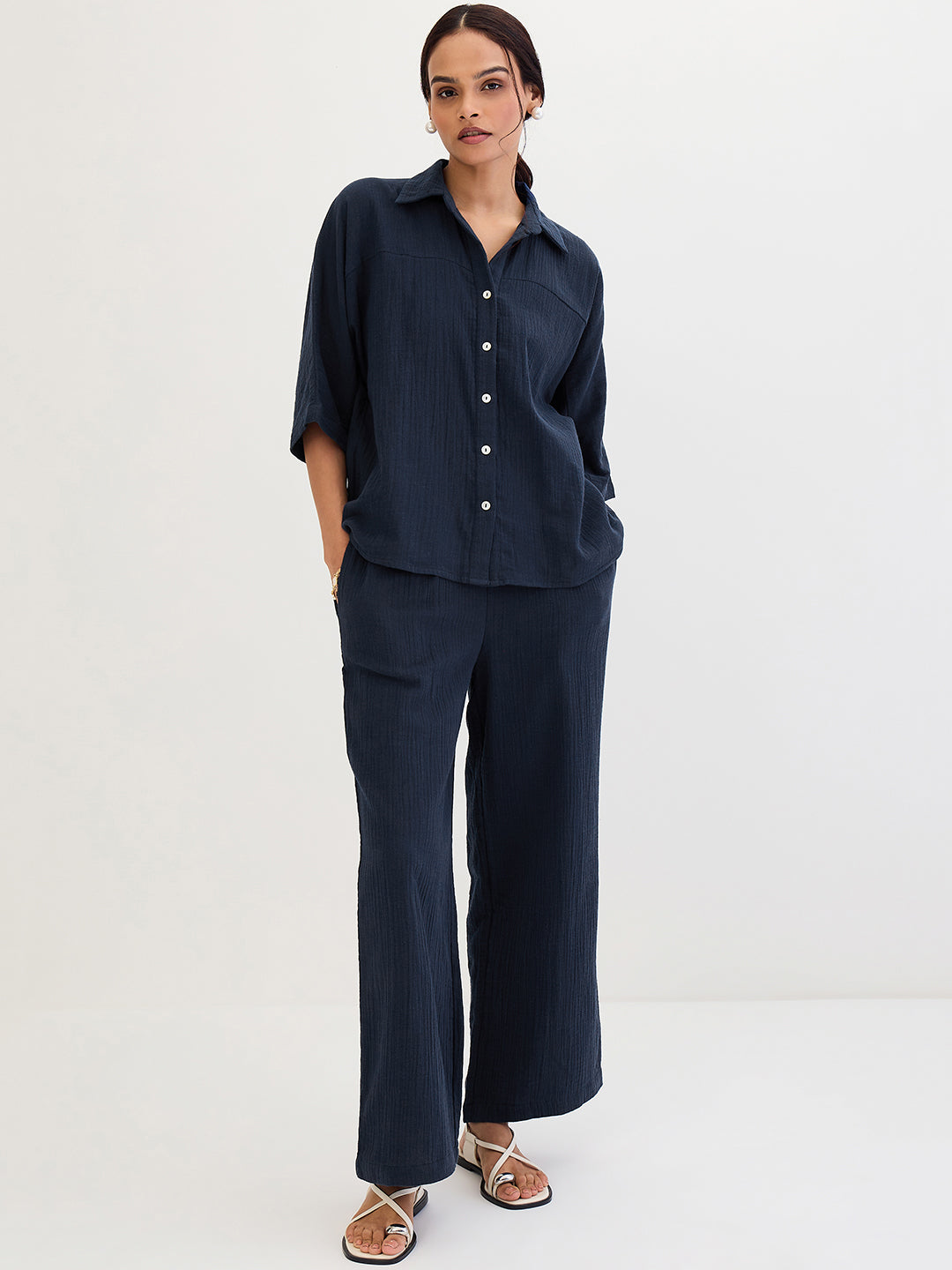 Cotton Gauze Navy Kimono Sleeve Co-Ord Set