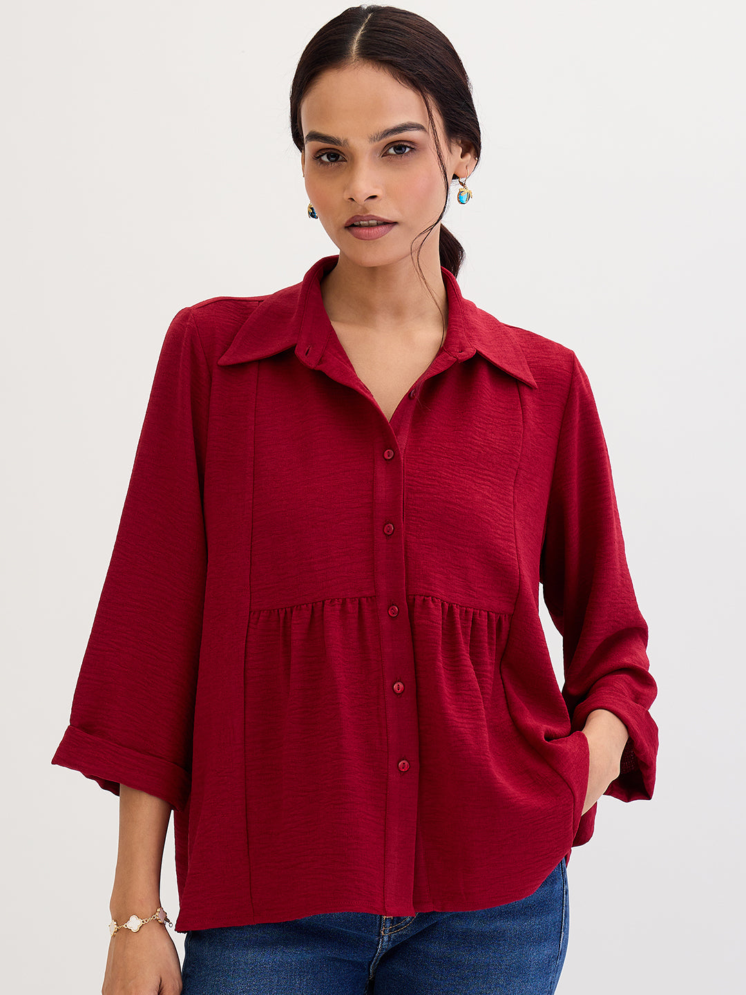 Maroon Gathered Waist Shirt