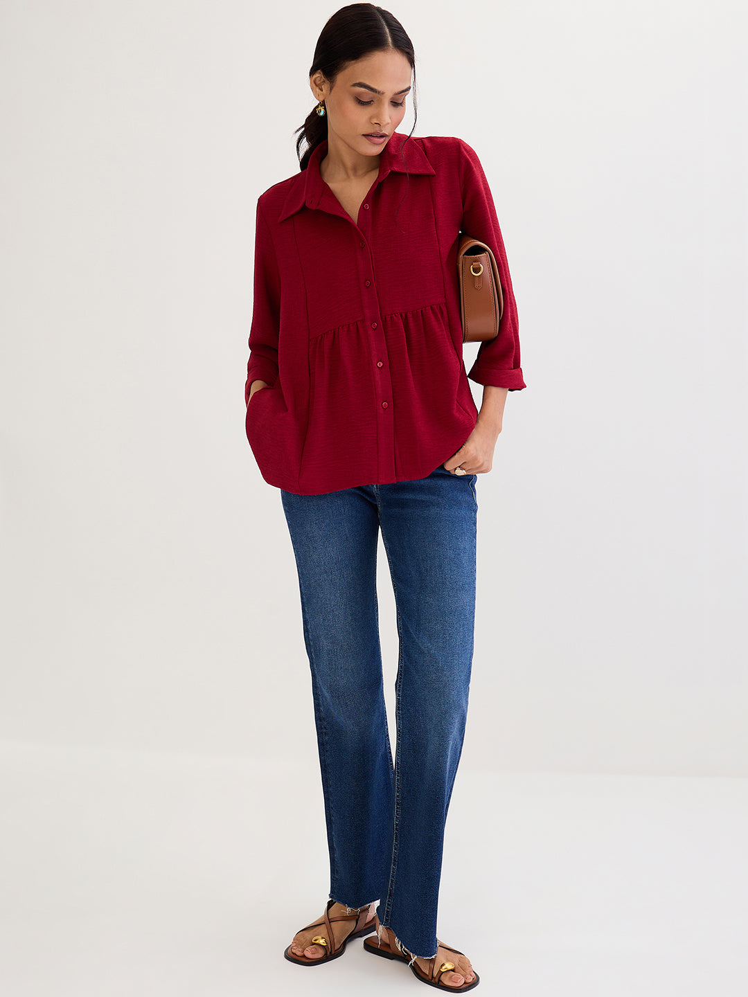 Maroon Gathered Waist Shirt