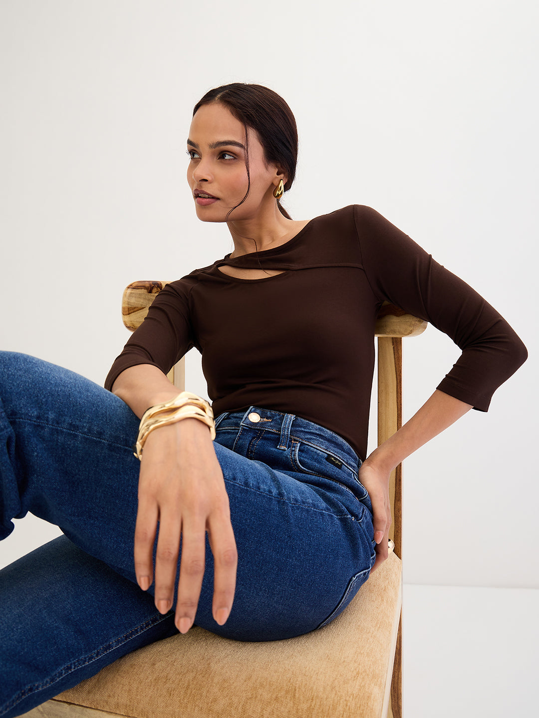 Coffee Brown Modal Knit Cutout detail Top
