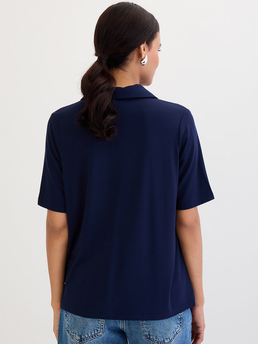 Navy Blue Modal Knit Collared T-Shirt