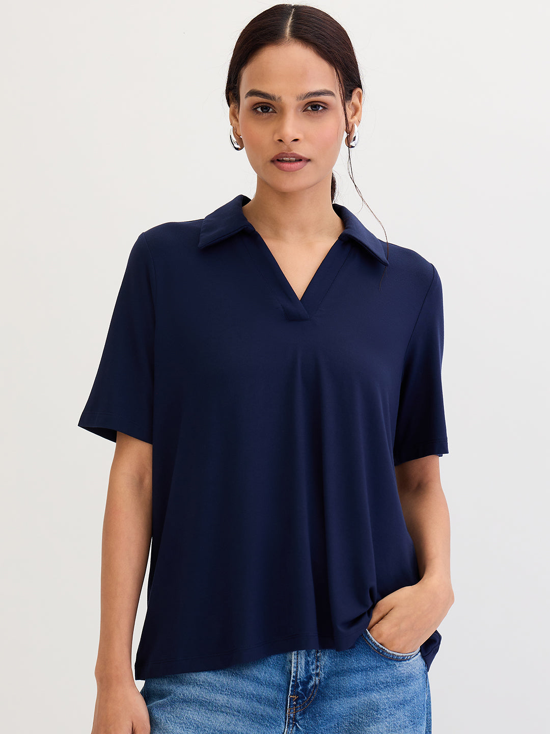 Navy Blue Modal Knit Collared T-Shirt