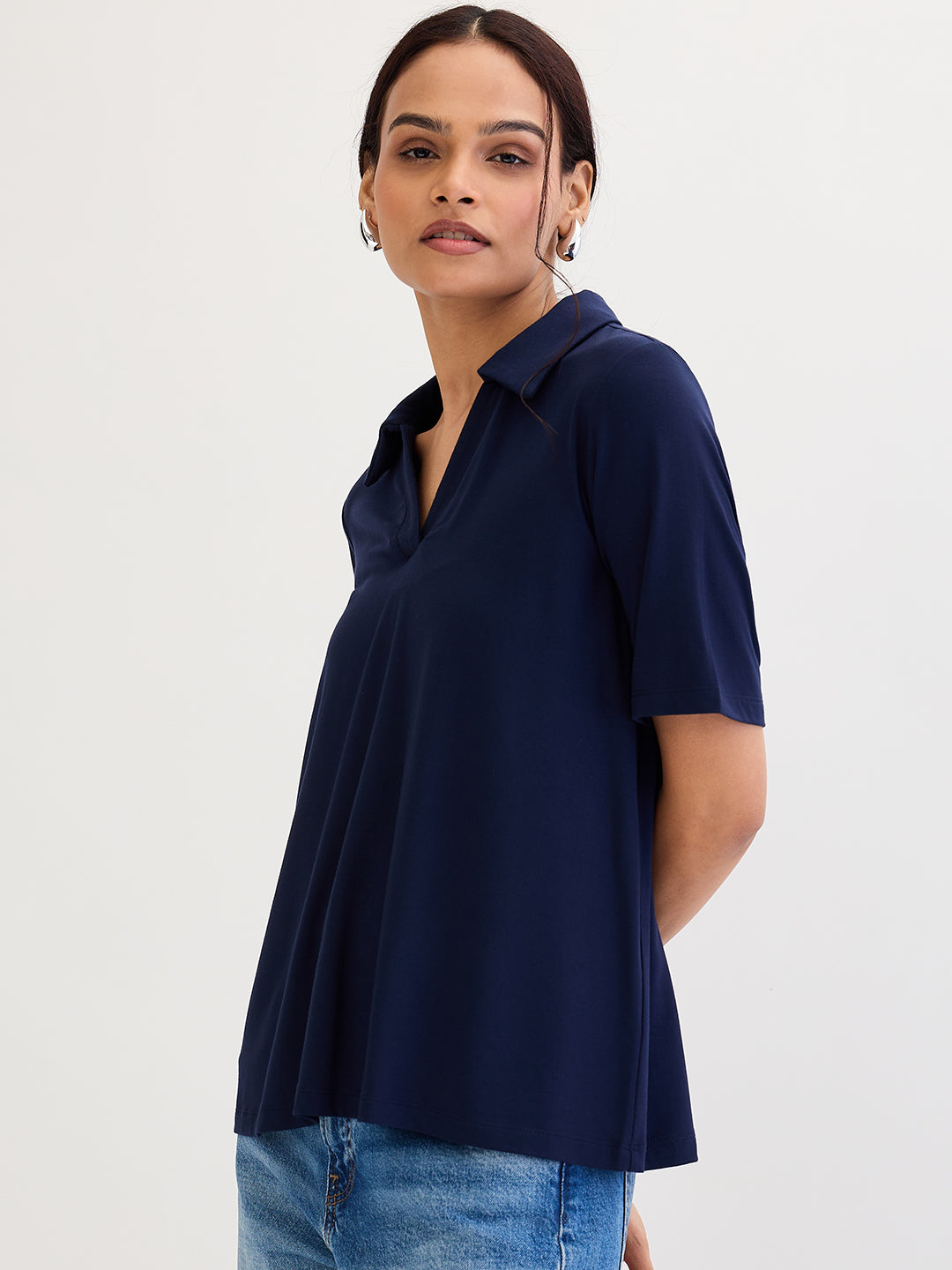 Navy Blue Modal Knit Collared T-Shirt