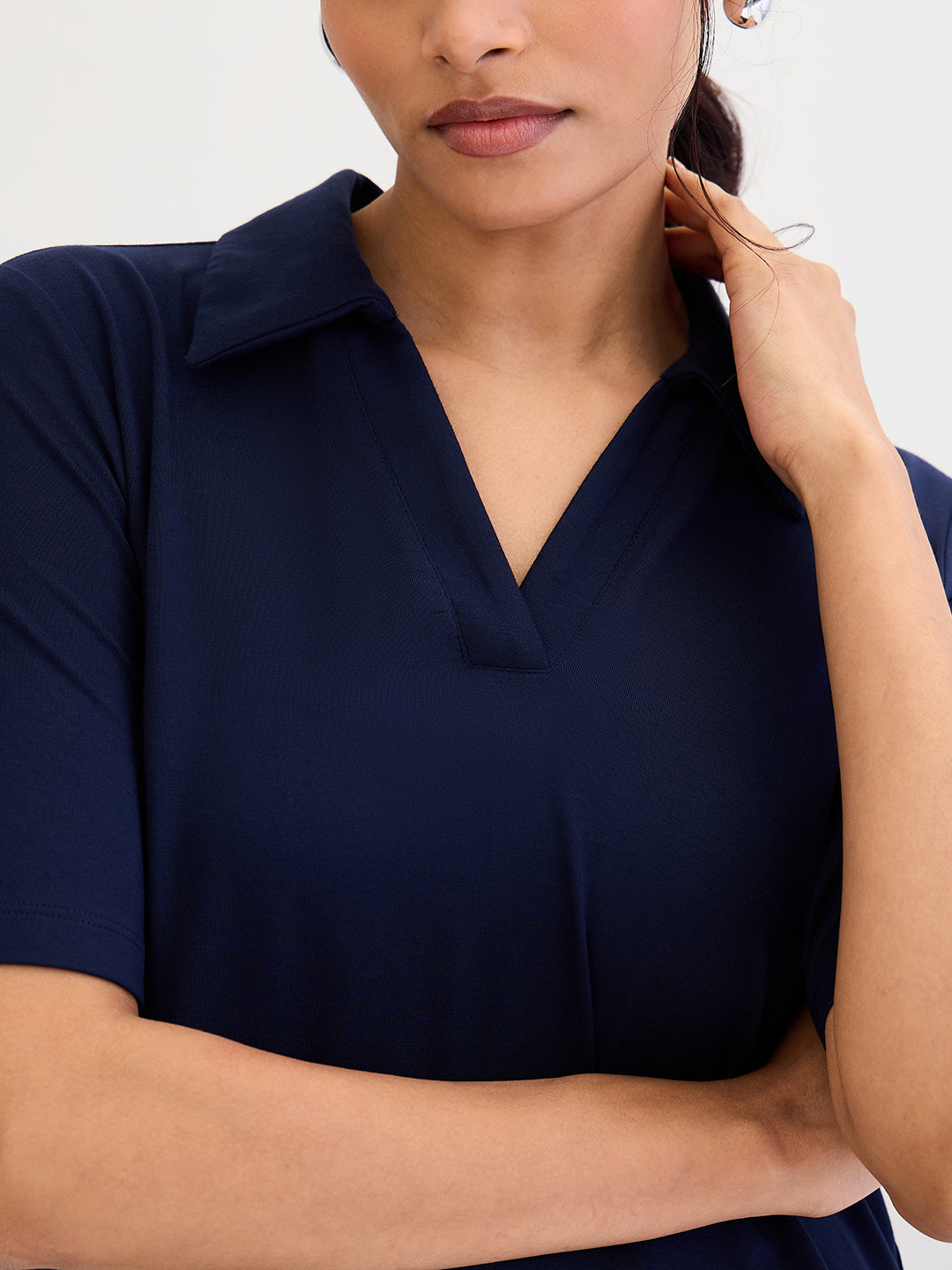 Navy Blue Modal Knit Collared T-Shirt