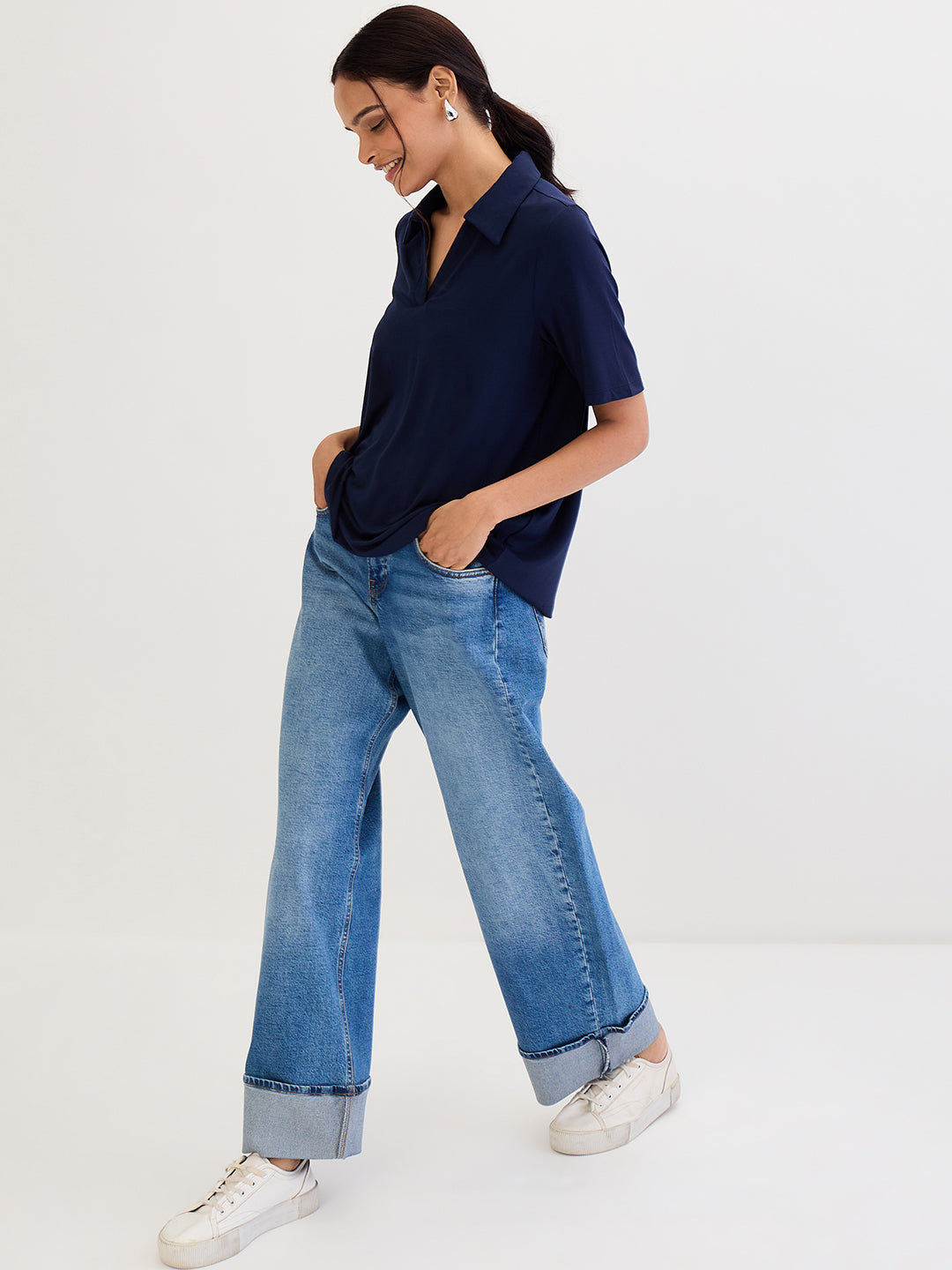 Navy Blue Modal Knit Collared T-Shirt