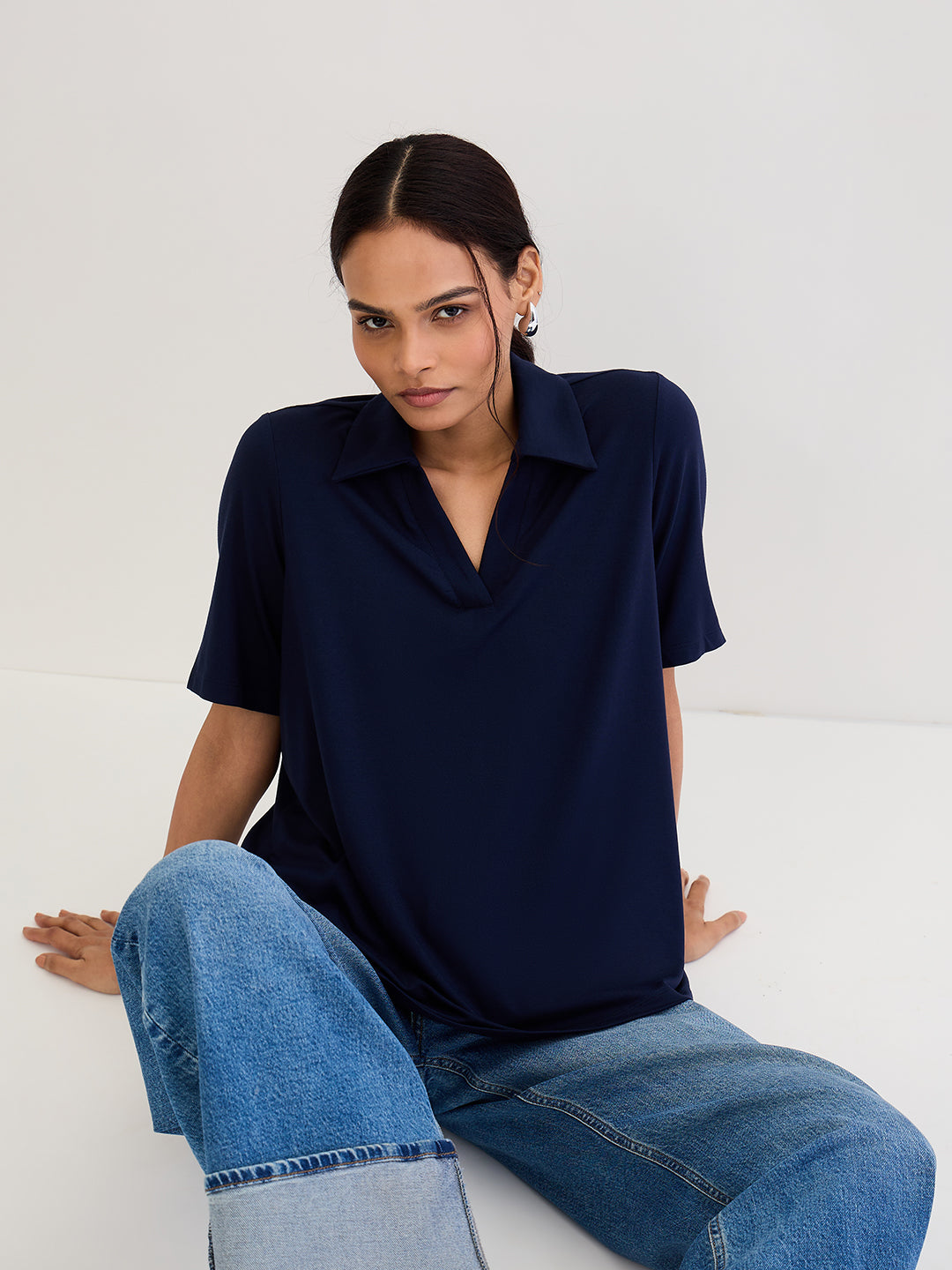 Navy Blue Modal Knit Collared T-Shirt