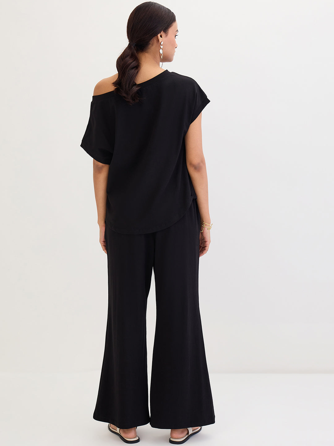 Black Cotton Knit One Shoulder Co-Ord Set