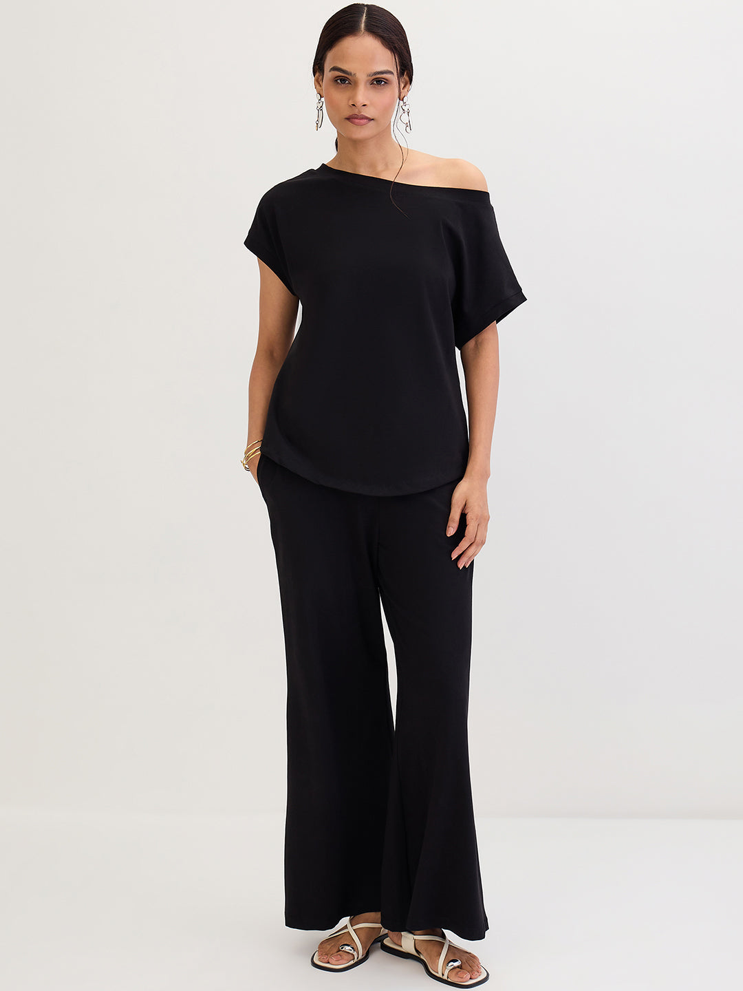 Black Cotton Knit One Shoulder Co-Ord Set