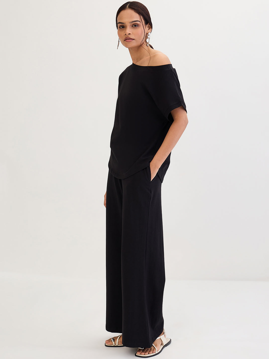 Black Cotton Knit One Shoulder Co-Ord Set