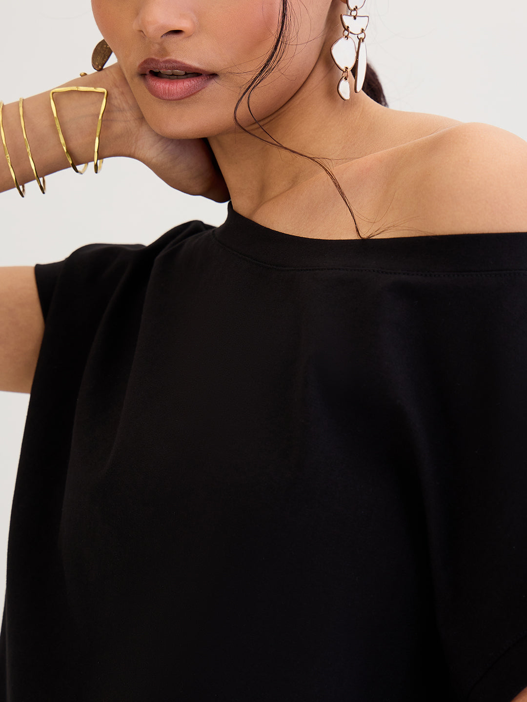 Black Cotton Knit One Shoulder Co-Ord Set