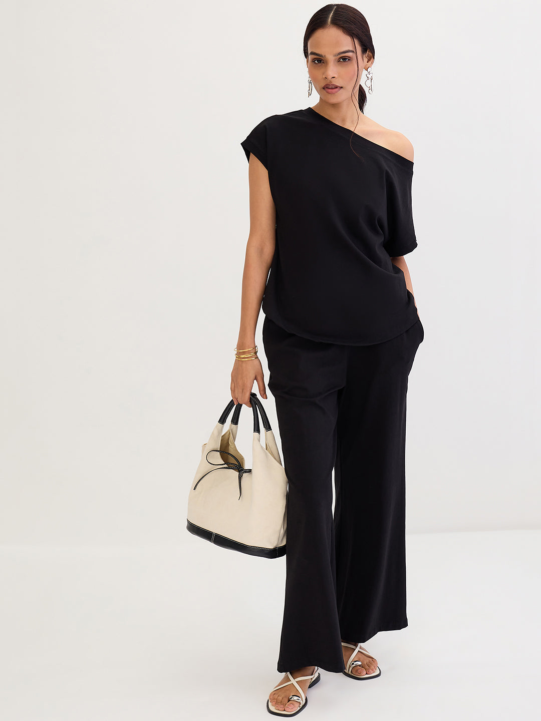Black Cotton Knit One Shoulder Co-Ord Set