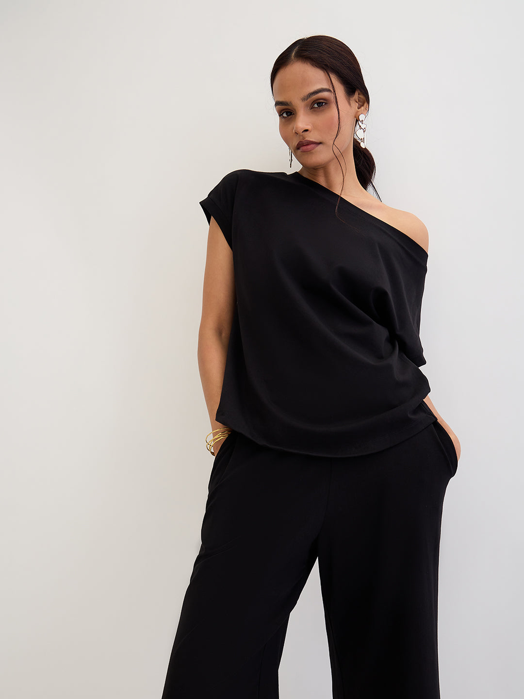 Black Cotton Knit One Shoulder Co-Ord Set