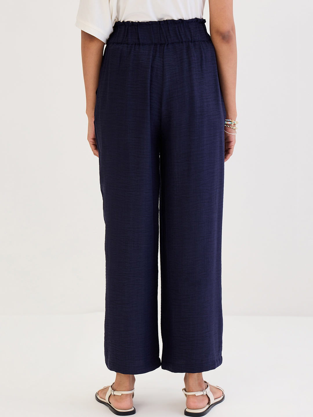 Navy Wide-Leg Pleat Detail Pants