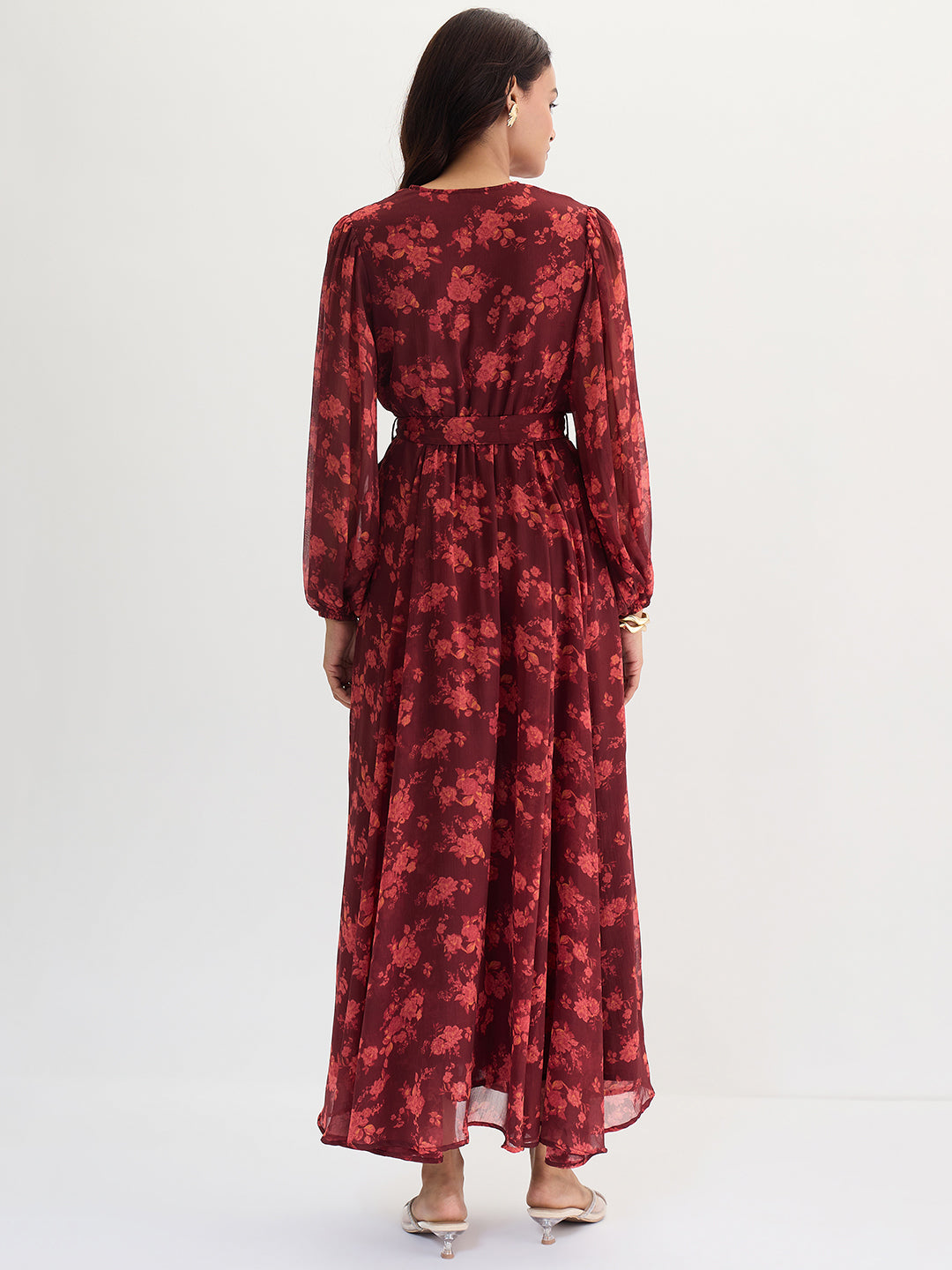 Maroon Floral Print Wrap Maxi Dress