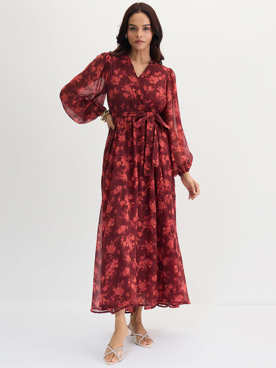 Maroon Floral Print Wrap Maxi Dress