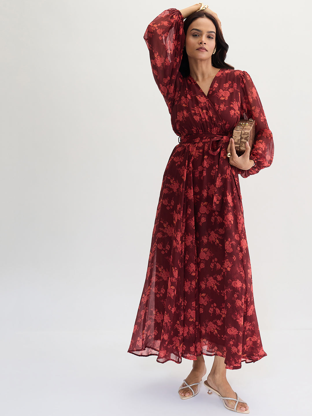 Maroon Floral Print Wrap Maxi Dress