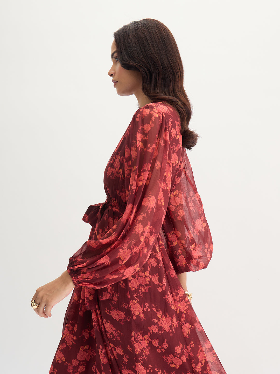 Maroon Floral Print Wrap Maxi Dress