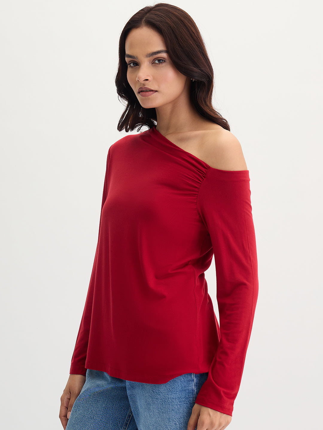 Bamboo Deep Red Knit One Shoulder Top