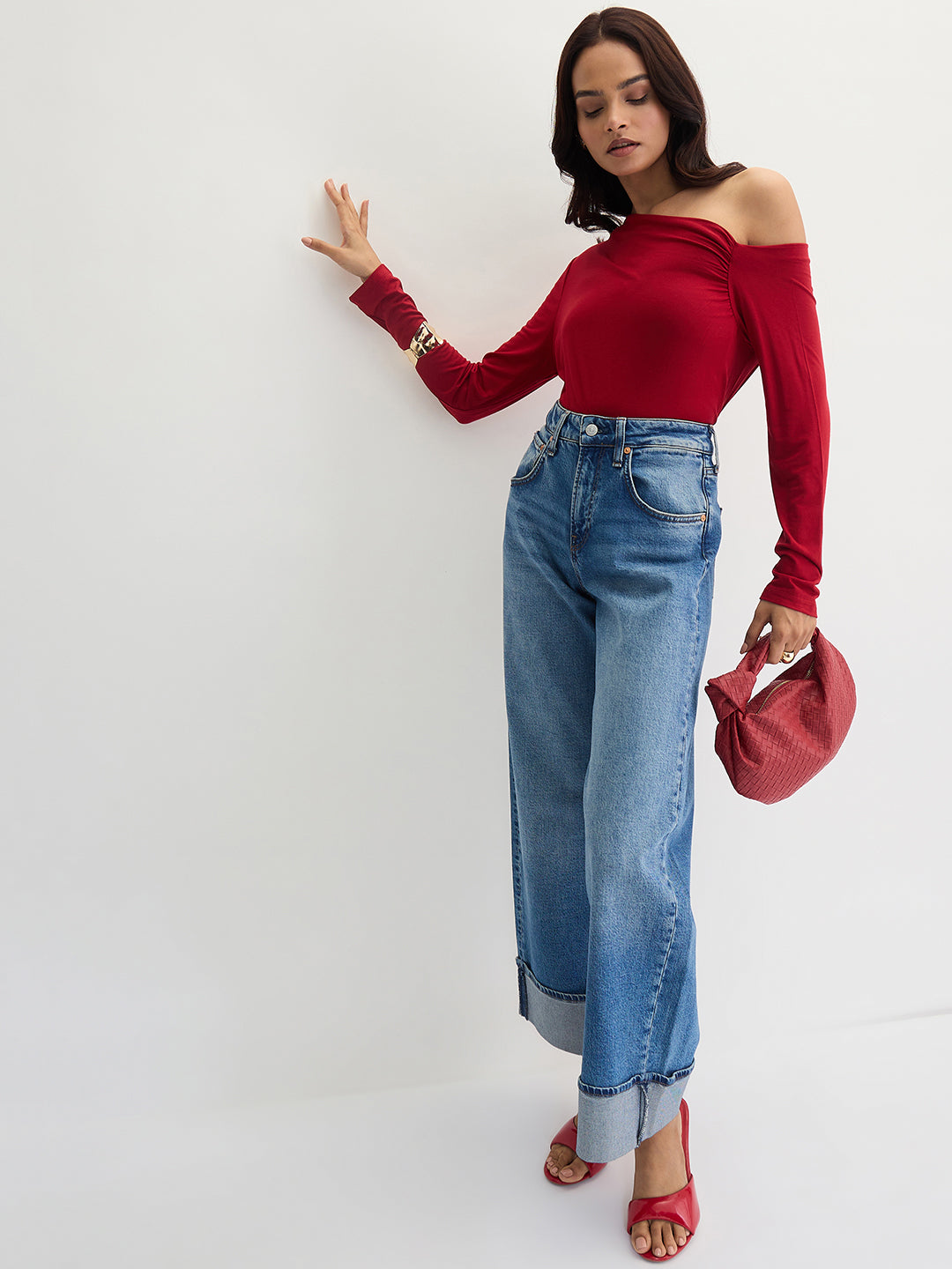 Bamboo Deep Red Knit One Shoulder Top