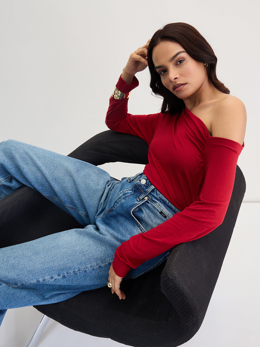 Bamboo Deep Red Knit One Shoulder Top