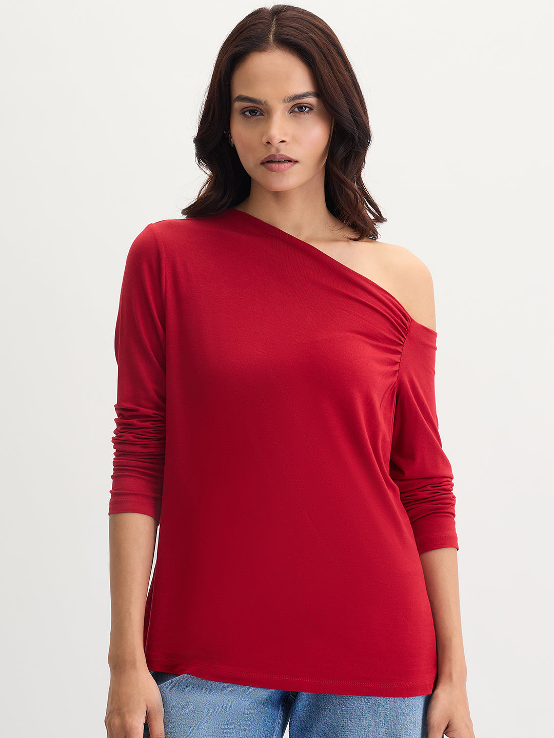 Bamboo Deep Red Knit One Shoulder Top