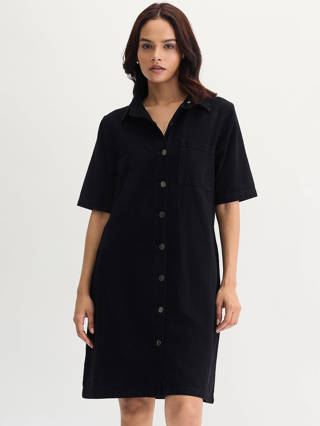 Black Denim Knee Length Shirt Dress