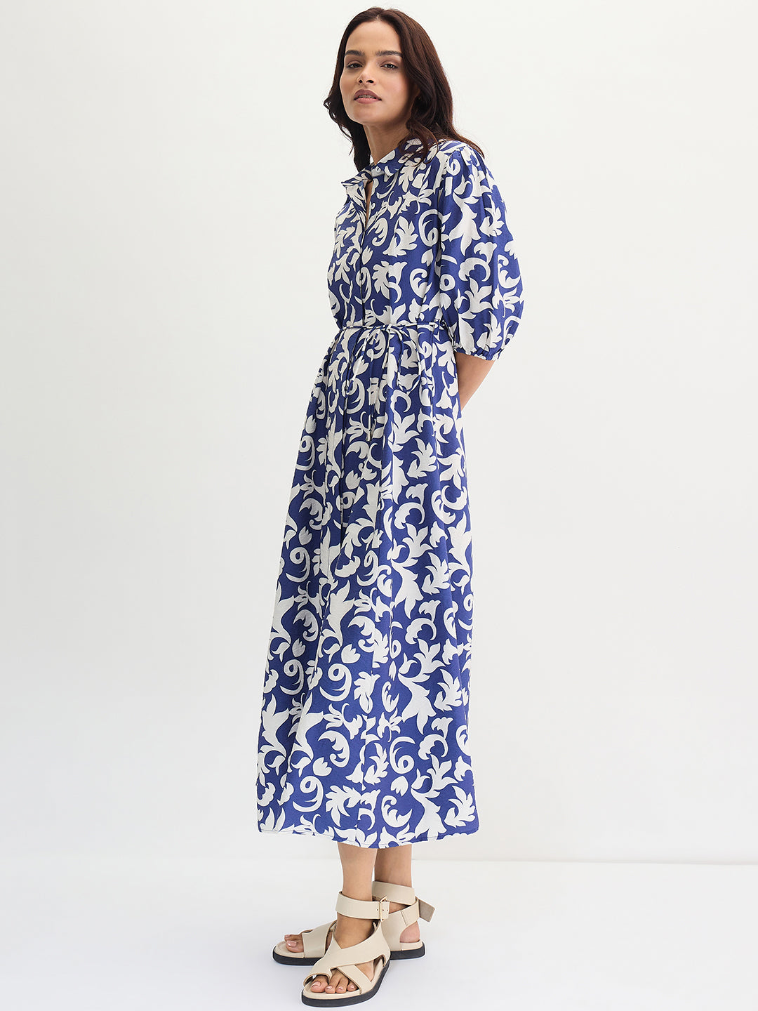 Blue & White Abstract Printed Midi Dress