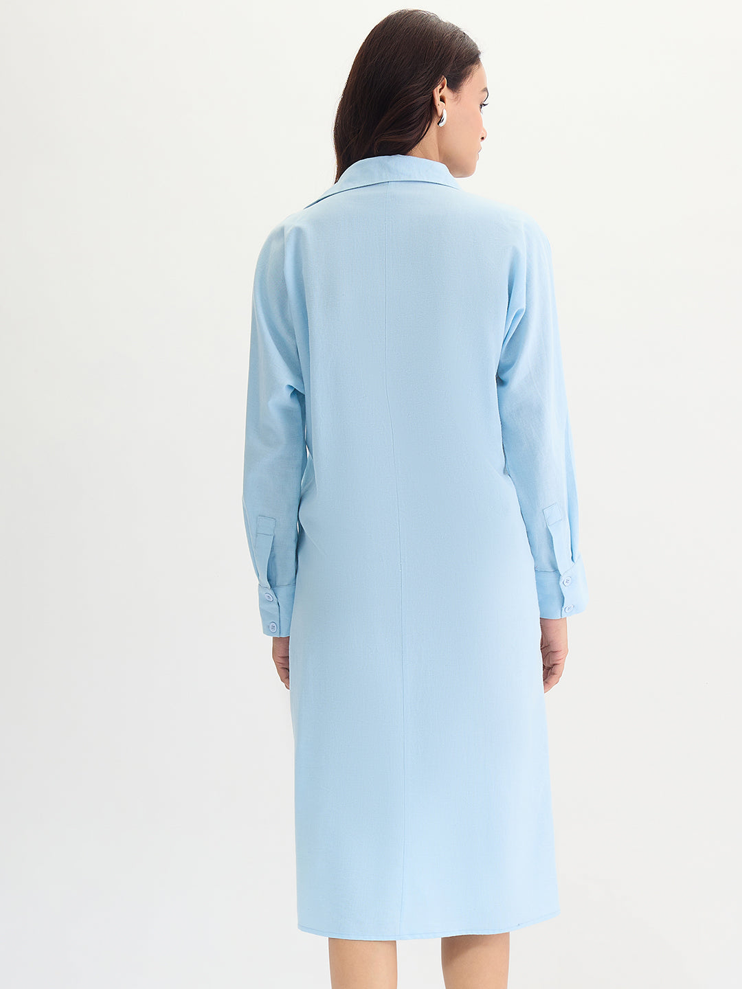 Light Blue Cotton Linen Button Down Midi Dress