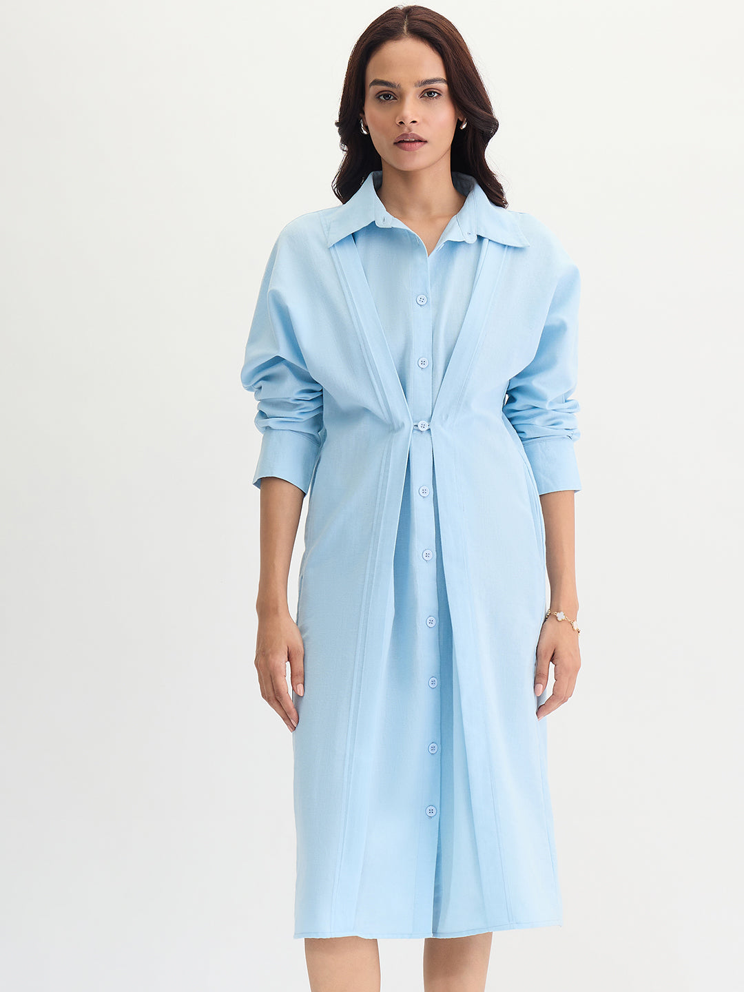 Light Blue Cotton Linen Button Down Midi Dress